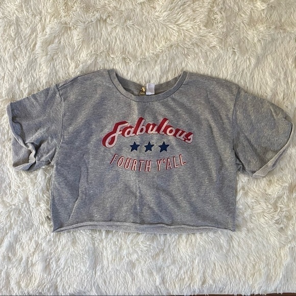 🍁 3/$25 🍁 Divided by H&M 4th of July Statement Crop Top | Light Gray | Medium - Picture 1 of 5
